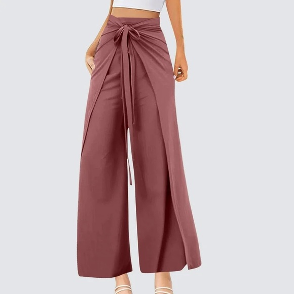 essue Pants - Essue Tulip High Rise Wide Leg Flowy Palazzo Slit Pants in Mauve/Brick, Medium